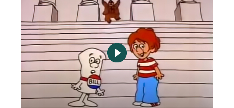 A screenshot of the 1976 video, "How a Bill Becomes a Law" from the children's show, Schoolhouse Rock.